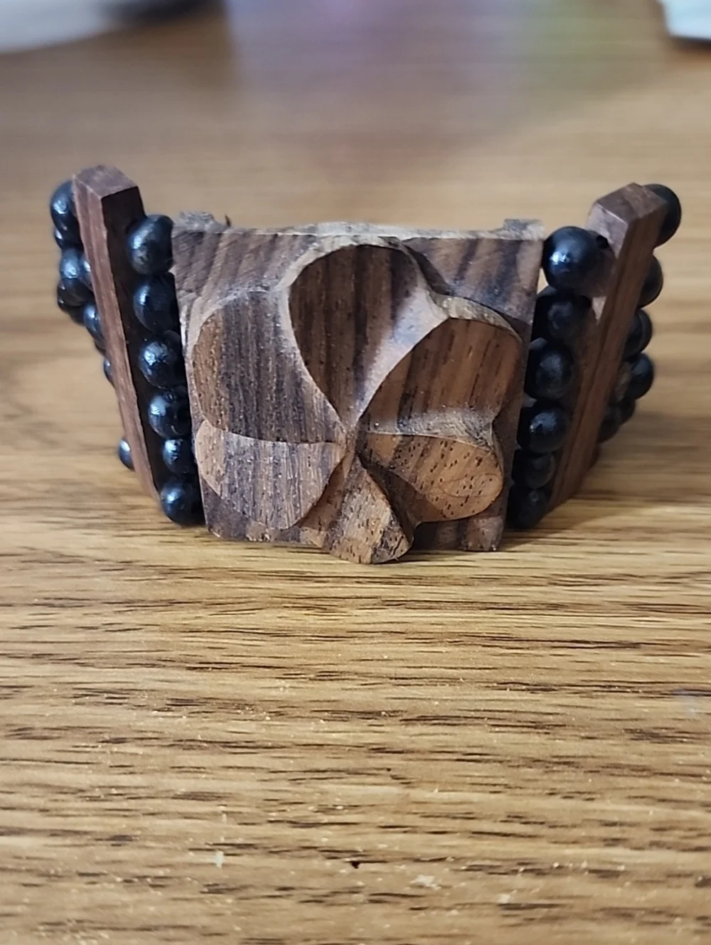 Men's Brown Hand-Carved Clover Wood Bead Bracelet